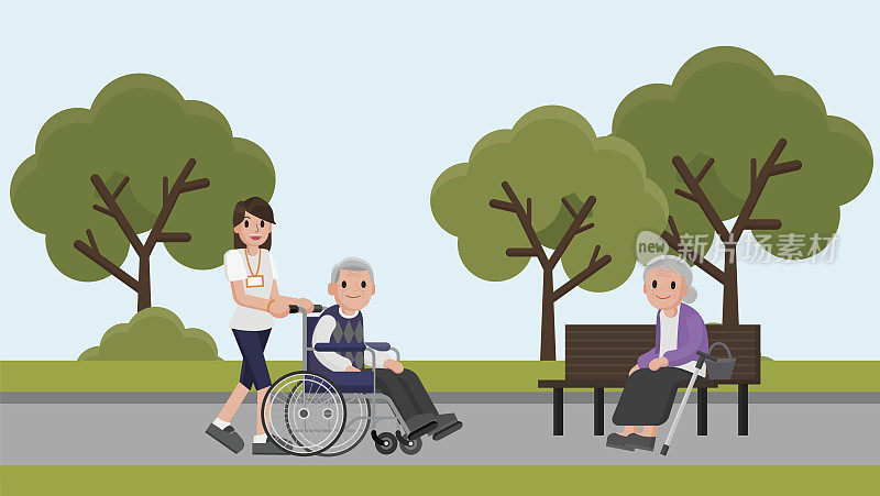 坐在轮椅上的老人和细心的女人在公园里。年轻的志愿者照顾老人。一位老妇人坐在公园的长椅上。