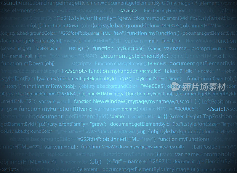 软件网页设计的蓝色背景。网站开发人员javascript编程代码。摘要计算机网页脚本。程序代码的随机部分。矢量数据库说明