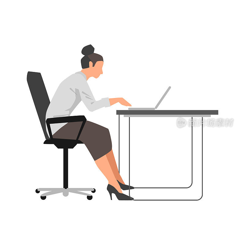 一个女人在她的笔记本电脑上工作，旁边是白色背景的插图
