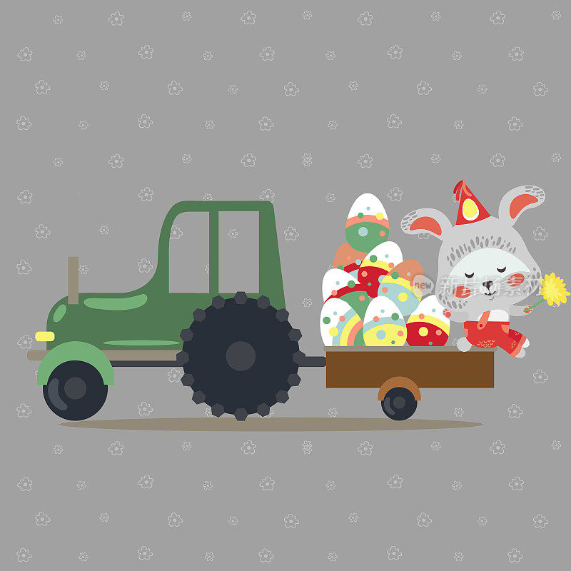 复活节兔子驾驶卡车，装饰彩蛋猎人可爱的白兔汽车司机狩猎，节日快乐矢量贺卡，春天野兔孤立插图