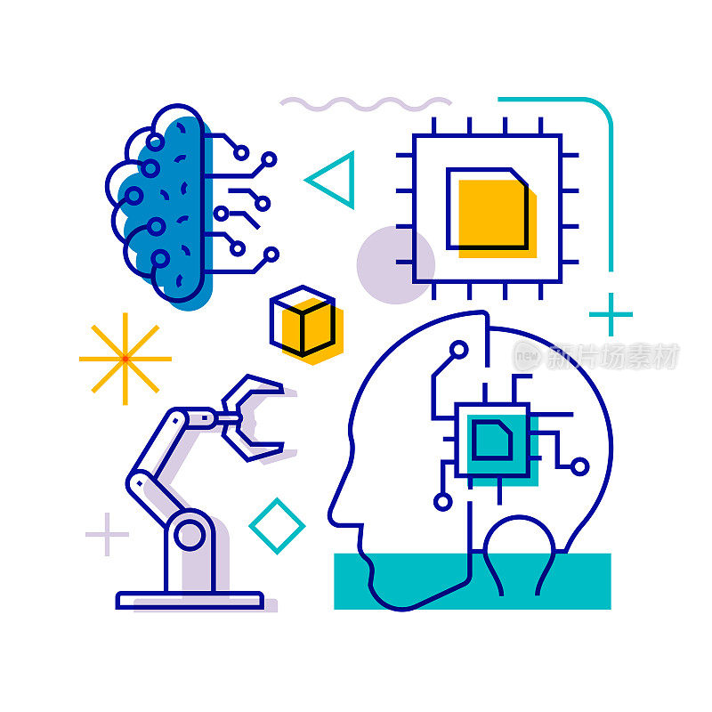 与人工智能相关的设计元素。带有轮廓图标的图案设计。色彩斑斓的矢量图