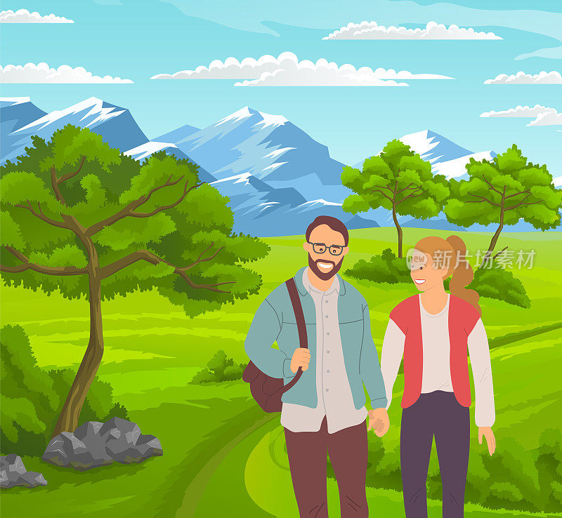 一个背着背包的男孩和一个走在山路上的女孩。游客徒步旅行