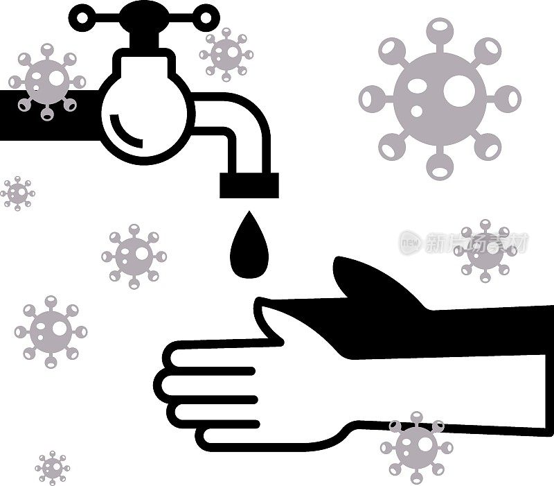冠状病毒洗手概念，2019年预防冠状病毒病(COVID-19)媒介图标，洗手水龙头设计，白色背景的个人卫生，