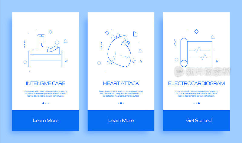 带图标的移动应用程序页面屏幕上的医疗保健和医疗概念。用户体验，用户界面设计模板矢量插图