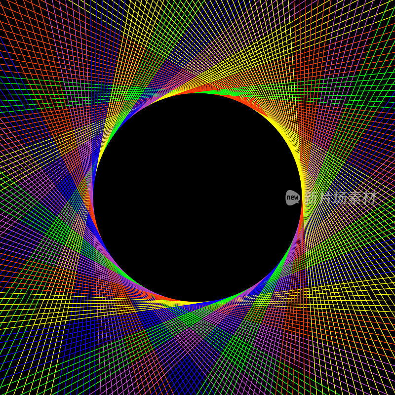抽象的彩色线条旋转和触摸黑色球体，在中间复制空间。