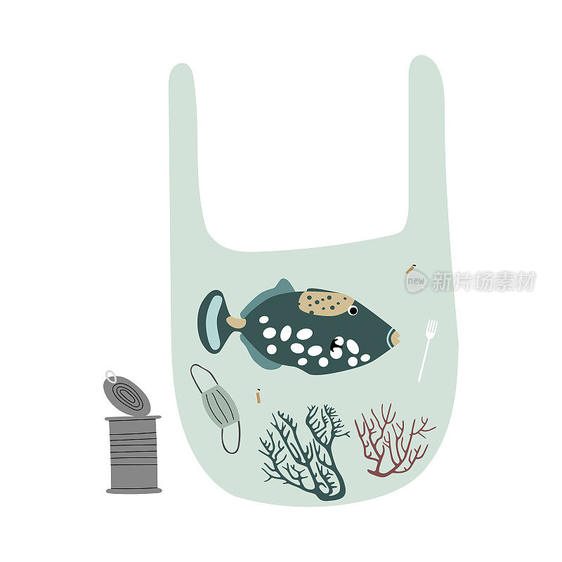 鱼和珊瑚死在装着垃圾的塑料袋里。海洋污染矢量彩色手绘平面插图。环境保护的概念
