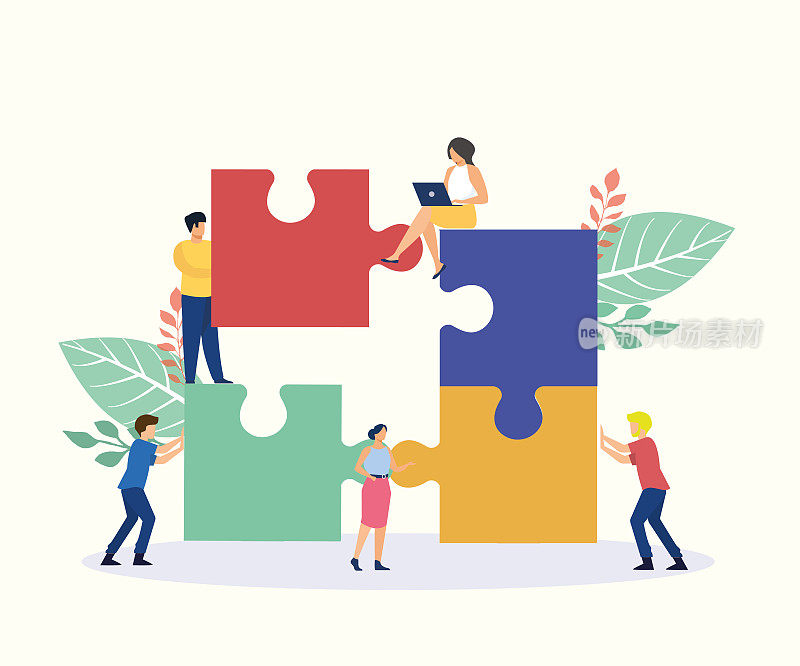 团队合作理念，人们连接拼图元素。商业领导，伙伴关系说明。人们与巨大的谜题元素一起工作。象征伙伴关系和合作。