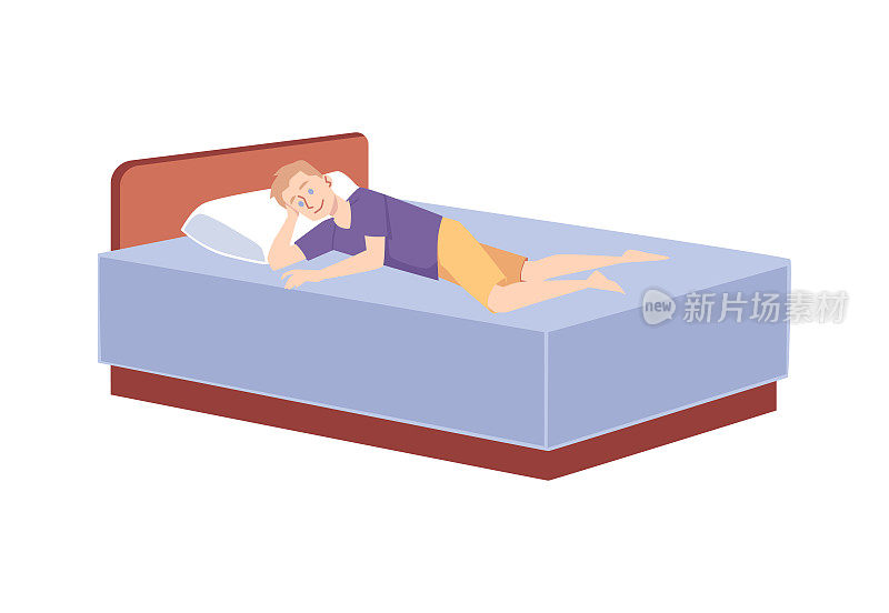 休息日躺在床上休息的人，平面矢量插图孤立。