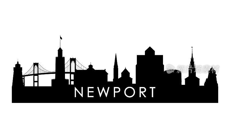 新港天际线轮廓。黑色纽波特城市设计孤立在白色背景。