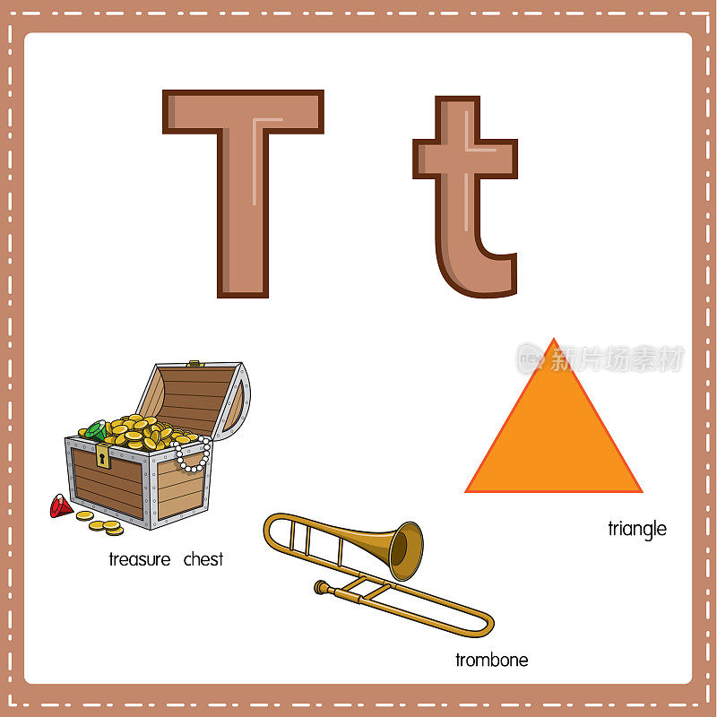 向量插图学习字母T的小写和大写的儿童与3卡通图像。宝箱长号三角。