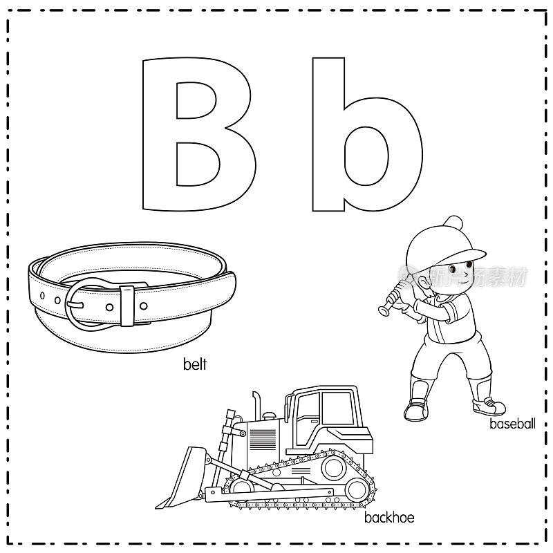 向量插图学习字母B的小写和大写的儿童与3卡通图像。带反铲棒球。