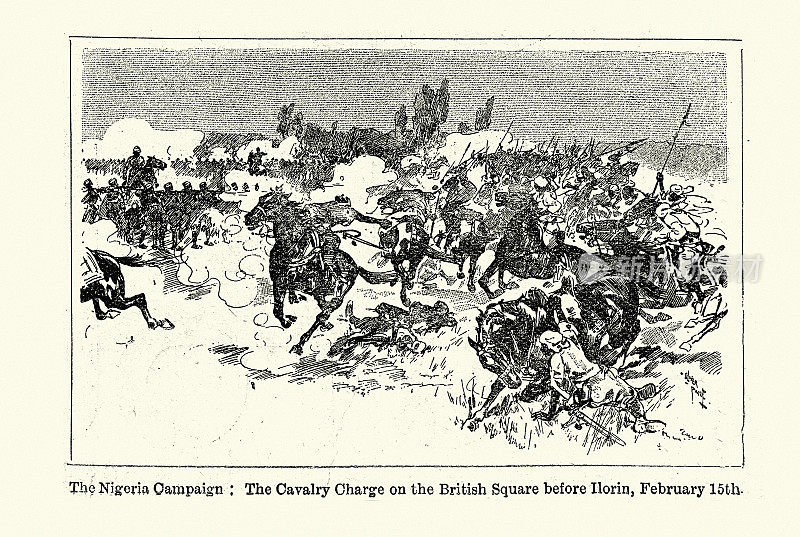 尼日利亚战役，骑兵在伊洛林前的英国广场上冲锋，19世纪