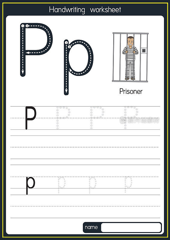 向量插图囚徒与字母P大写或大写字母的儿童学习练习ABC