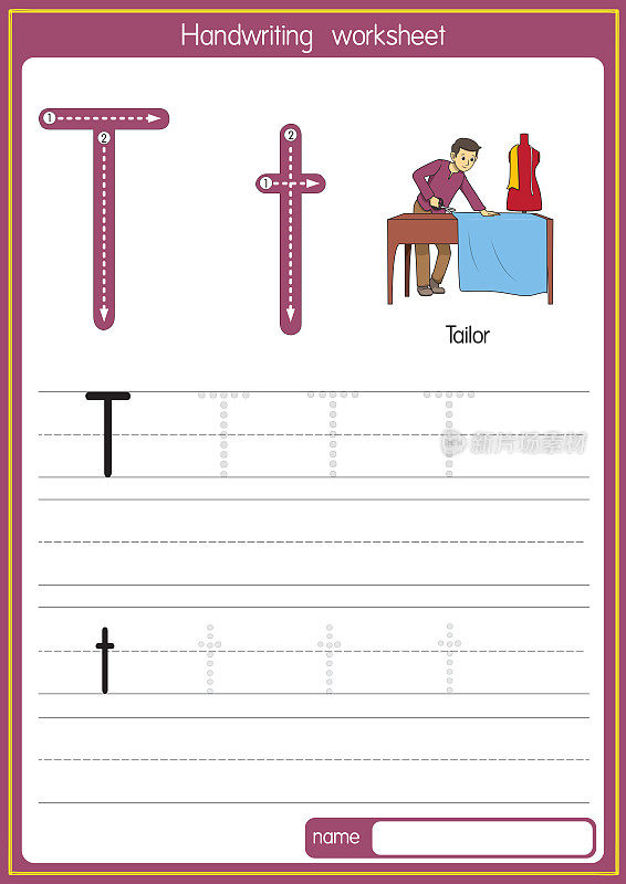矢量说明裁缝与字母T大写字母或大写字母的儿童学习练习ABC