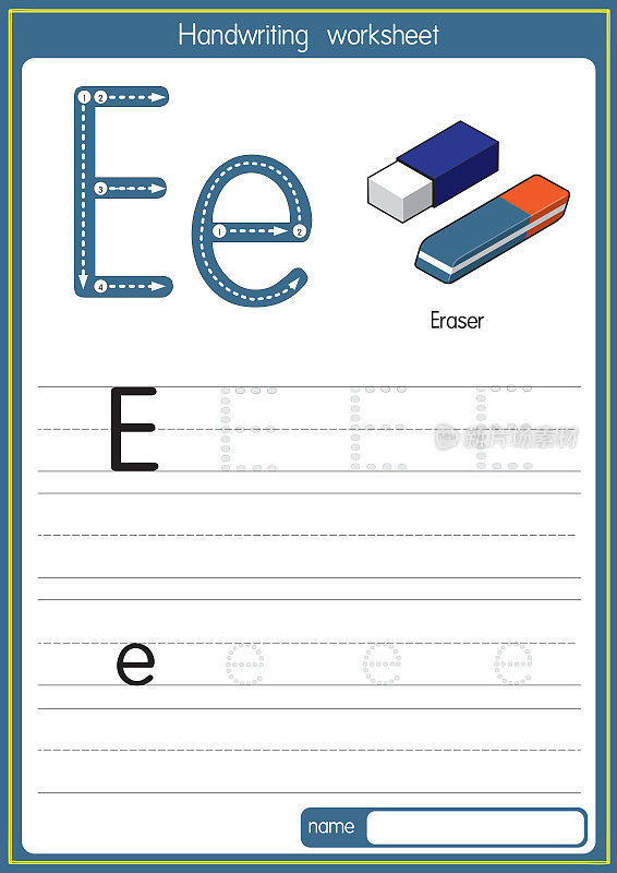 矢量演示橡皮擦与字母E大写字母或大写字母的儿童学习练习ABC
