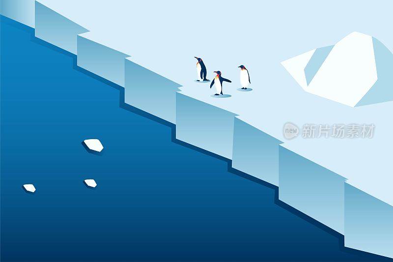 气候变化是真实的。等长企鹅在融化的山冰和海平面上升矢量插图的概念
