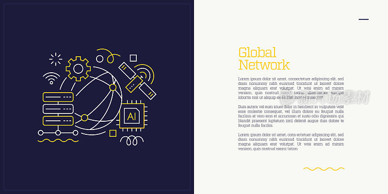 矢量集图解全局网络的概念。线条艺术风格的网页，横幅，海报，印刷等背景设计。矢量插图。