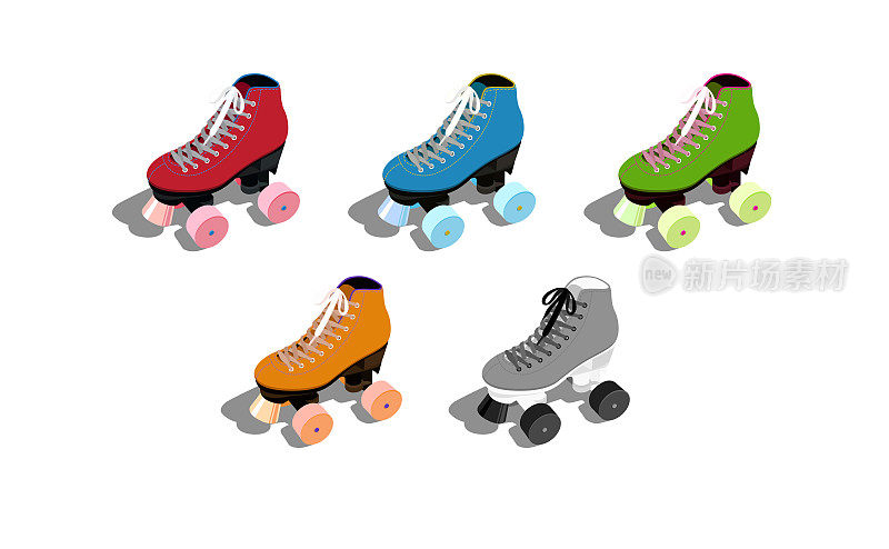 运动风格的复古色彩轮滑鞋，等距视图。