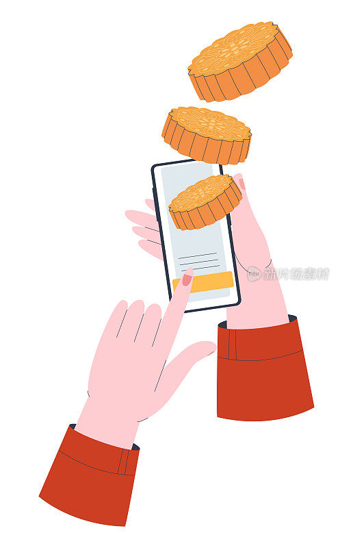 通过这个应用程序可以在家里用电话订购现成的食物。手机在手里。购买中国的月饼。孤立在一个白色的背景。