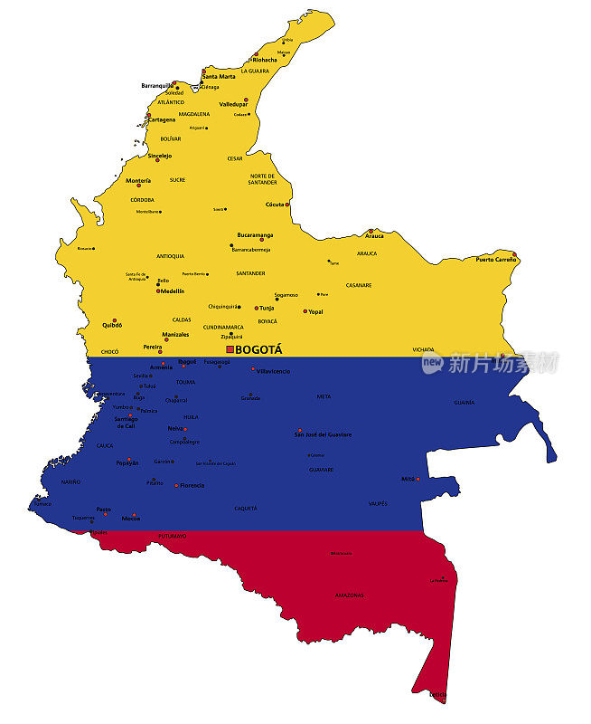 哥伦比亚高度详细的政治地图与国旗孤立在白色背景。