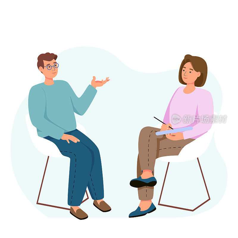 一个男人去看心理医生。病人坐在椅子上和精神科医生交谈。矢量插图治疗会议