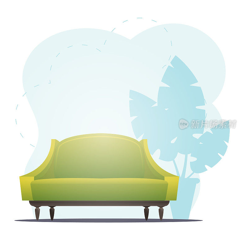 空沙发和室内植物。为你的角色留出空间的背景。卡通风格。