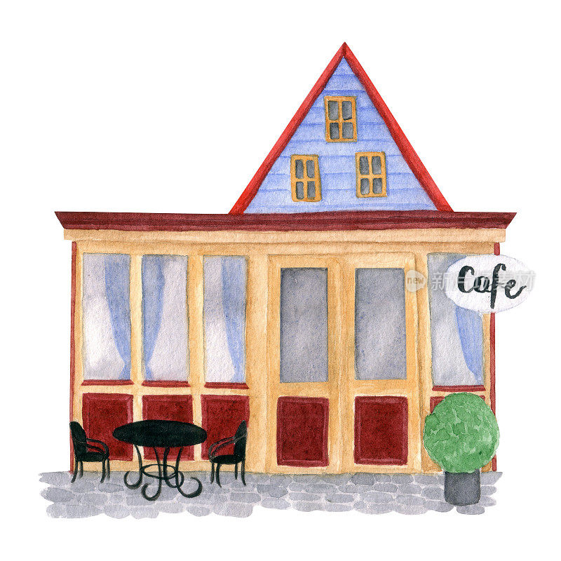 水彩插图。街头咖啡馆。为和明信片设计