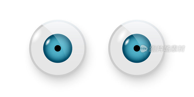 玩具眼睛矢量插图。晃来晃去的塑料娃娃张开蓝色的眼球，在白色的背景上，黑色的瞳孔孤立在圆形的部分