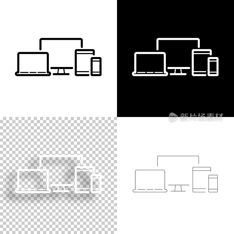 台式电脑、笔记本电脑、平板电脑和智能手机。图标设计。空白，白色和黑色背景-线图标