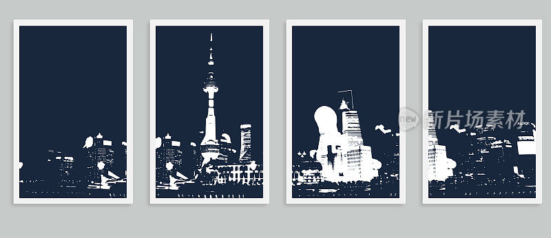 矢量上海城市外滩天际线场景剪影图案明信片插图横幅背景
