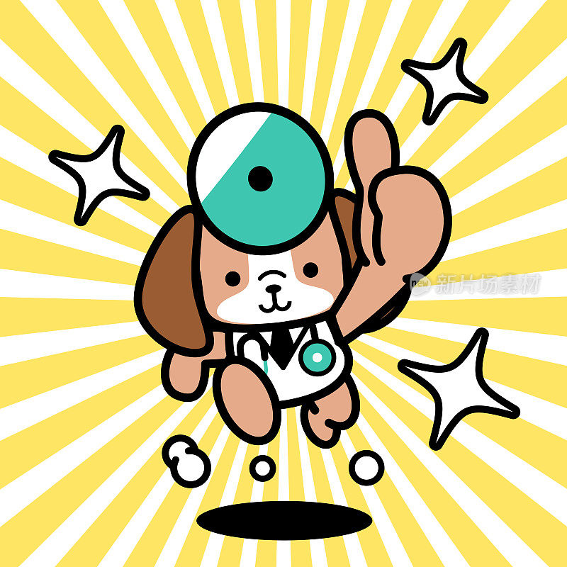 一位戴着听诊器的可爱狗医生竖起大拇指,朝镜头跑去