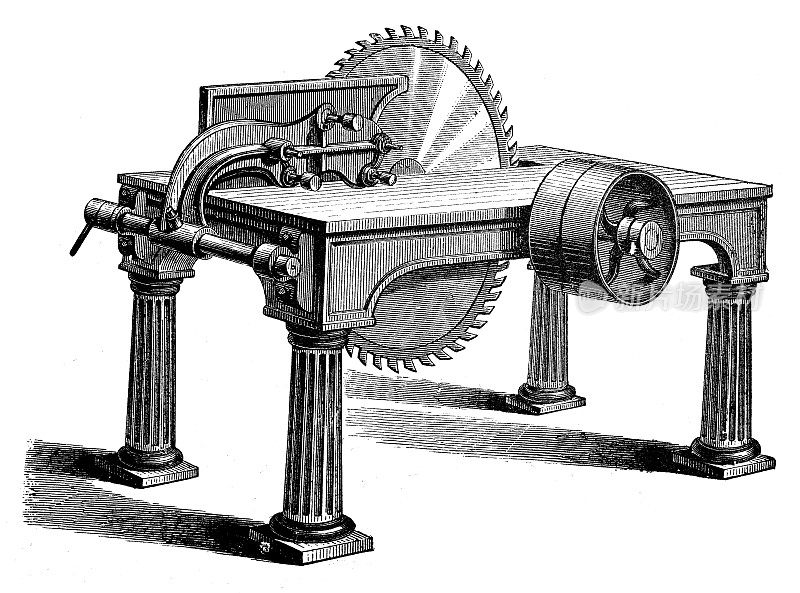 古董插图，应用机械和机器:圆锯