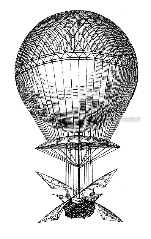 古董插画，应用力学:飞行器，布兰查德热气球