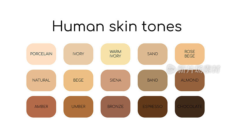 肤色调色板的名字。不同类型的人类皮肤。平的图标集。向量