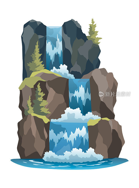 瀑布式级联。卡通景观与岩石山和树木。河流从白底的悬崖上倾泻而下。碧水如画的旅游胜地
