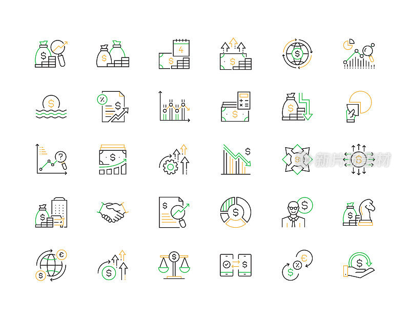 经济和金融相关的矢量细线图标。大纲符号集合