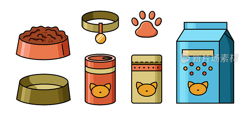 矢量卡通猫粮和猫碗。孤立图标的宠物食品包装，爪子和项圈与金牌