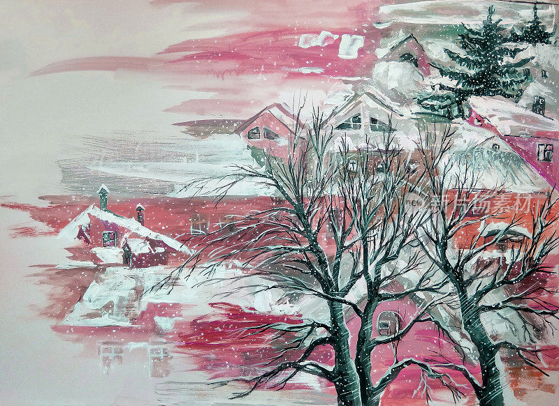 插图艺术油画在深褐色的冬季城市景观街道树木和房屋