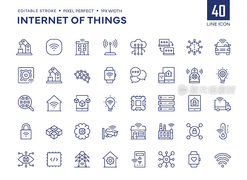 物联网线路图标集包含无线、人工智能、工厂、智能家居、无人驾驶交通、增强现实、传感器等图标。