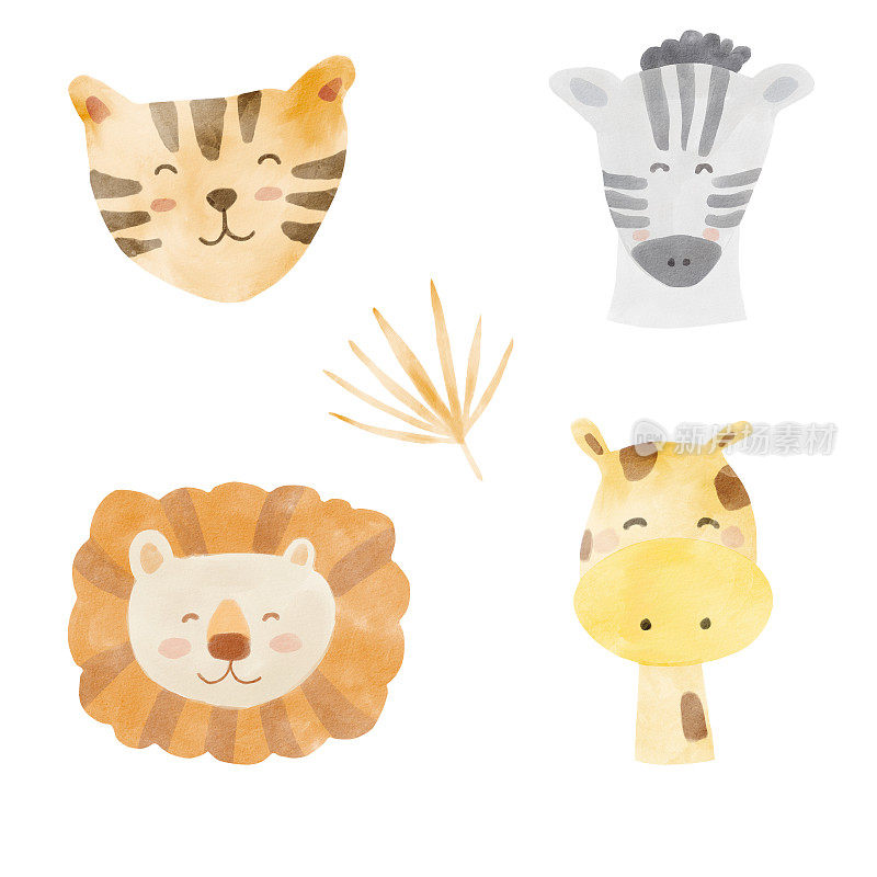 虎脸，斑马，美洲豹，狮子。可爱的卡通非洲狩猎水彩动物集。水彩丛林动物。手绘插图孤立的白色背景。