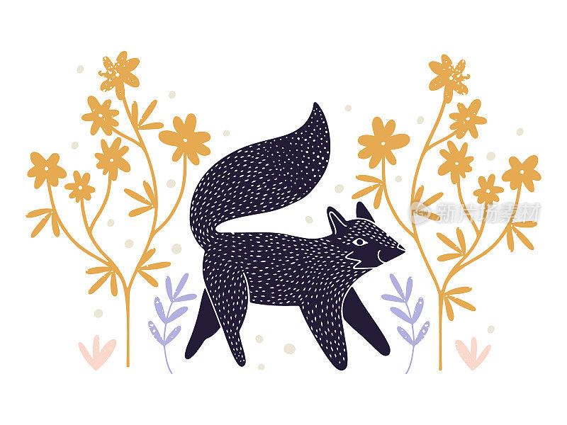 可爱的狐狸在花丛中涂鸦