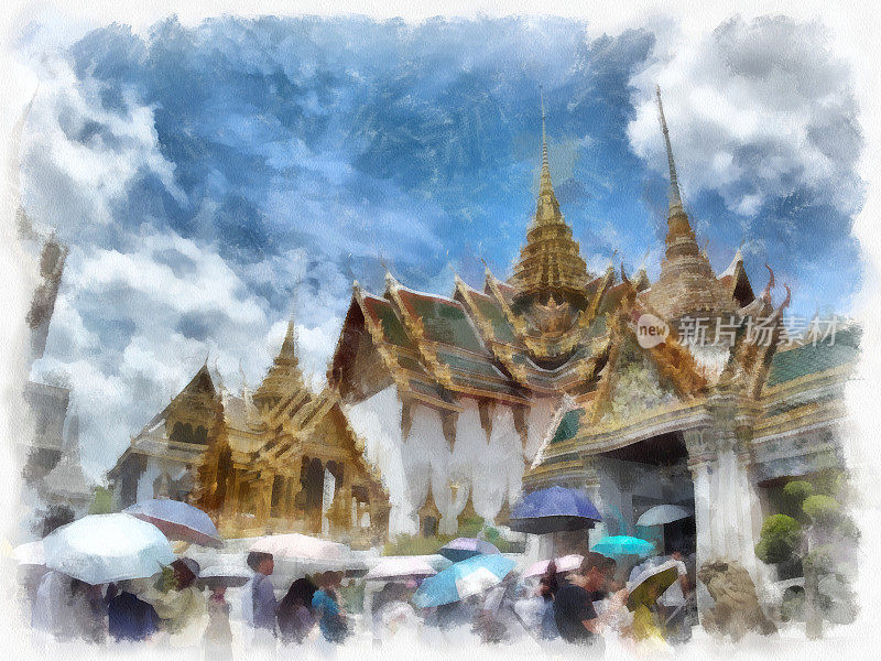 古建筑景观和古代艺术在大皇宫，卧佛寺Kaew曼谷水彩风格插图印象派绘画。