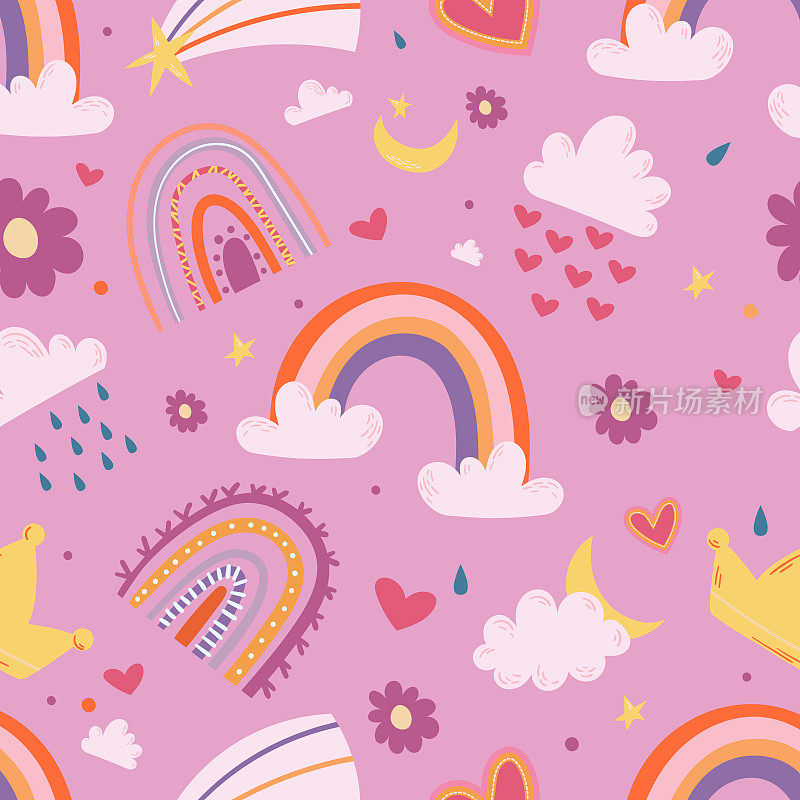 无缝图案与卡通彩虹，云，星星，心，皇冠和花的粉红色背景。可爱的宝宝装饰