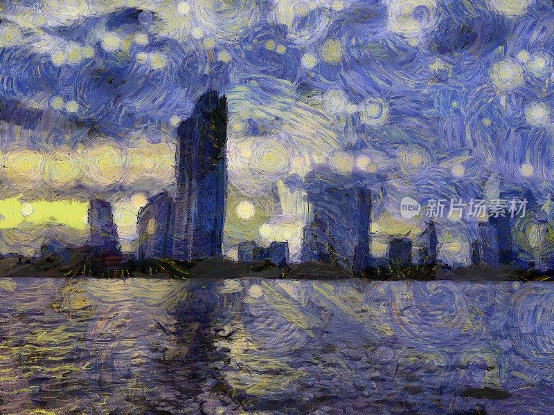 湄南河沿岸的曼谷城市风景插图创造了印象派风格的绘画。