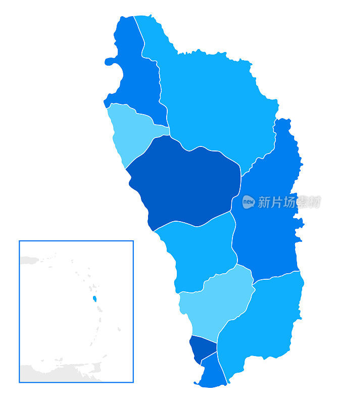 多米尼加高详细的蓝色地图与地区