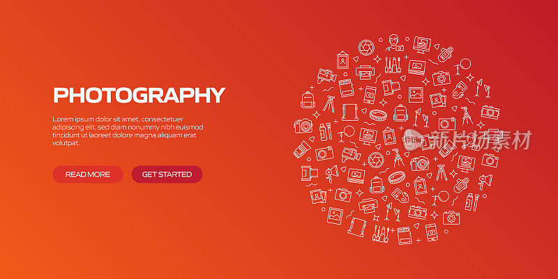 摄影网络横幅与线性图标,时髦的线性风格矢量