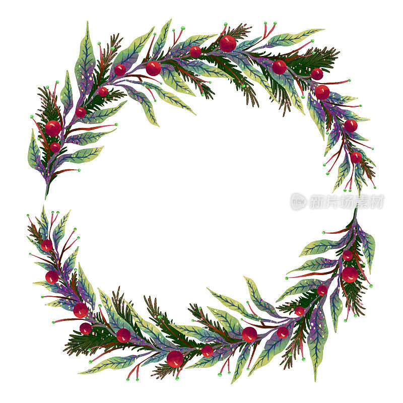 用柔软的绿色树枝和冬青叶子做成的新年花环的美丽插图，或者是一棵长着红色浆果的圣诞树