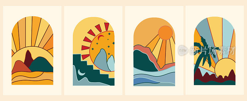 海边有棕榈树的落日海报。集复古日出，完美的图标和符号，海报，明信片，标志。矢量插图。矢量插图。