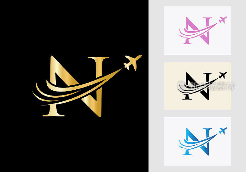 字母N旅行标志概念与飞行的飞机符号
