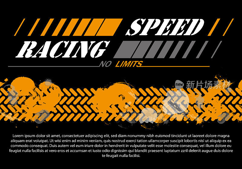 运动速度和胜利的概念在现实主义风格。比赛标志，运动队设计与轮胎印在黑色背景和文字空间。